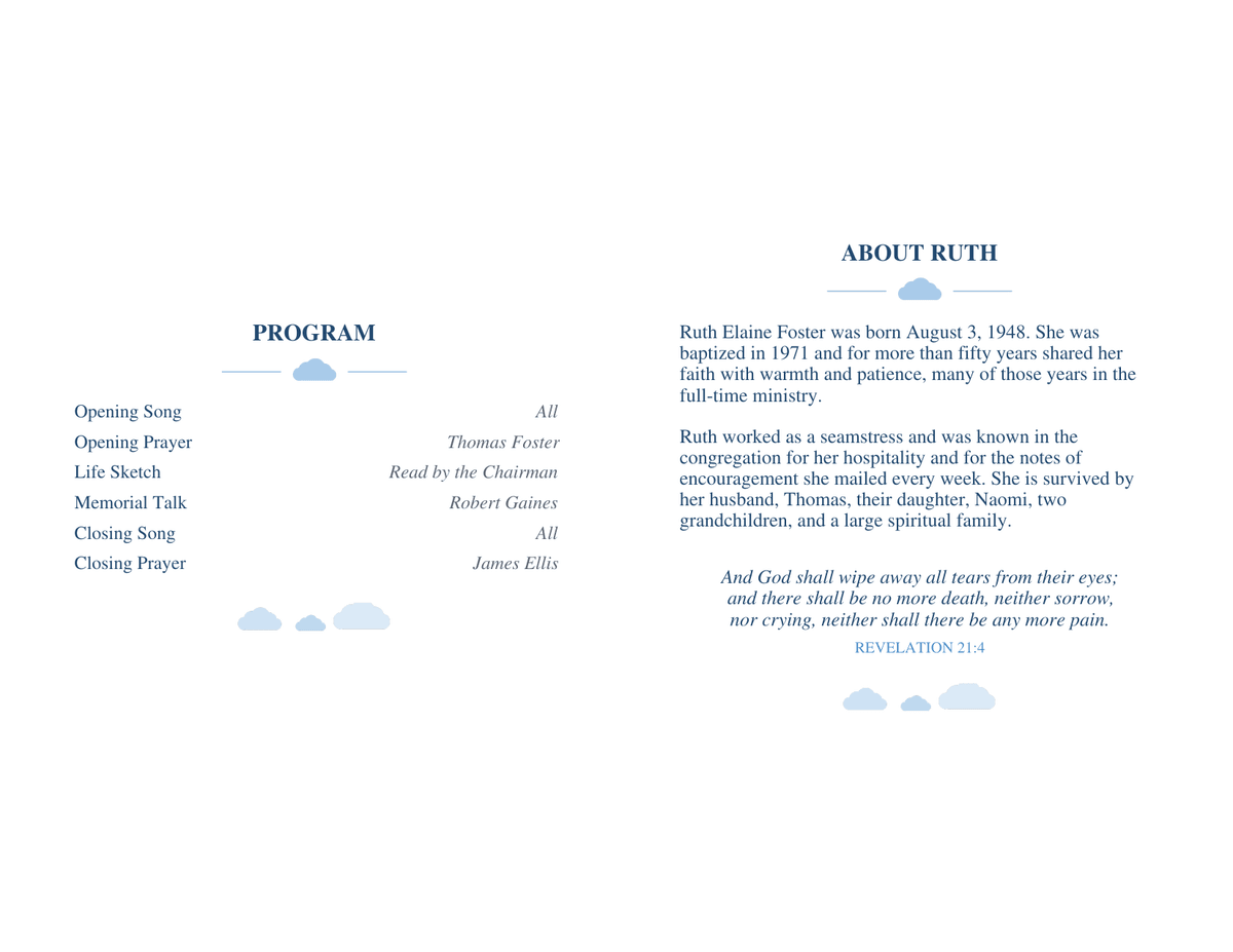 Inside of a Jehovah’s Witness memorial program: a six-line program of opening song, prayer, life sketch, memorial talk, closing song and prayer on the left, and a life sketch with Revelation 21:4 on the right