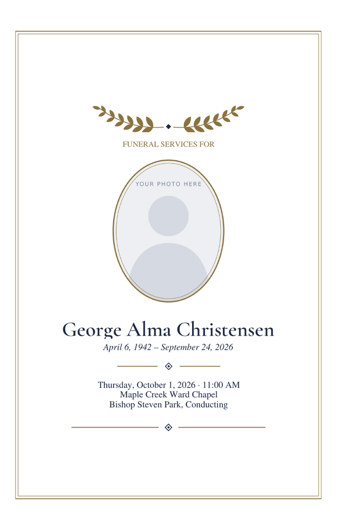 Bifold funeral program cover with a gold laurel sprig above an oval photo frame under the heading Funeral Services for, inside a double gold border