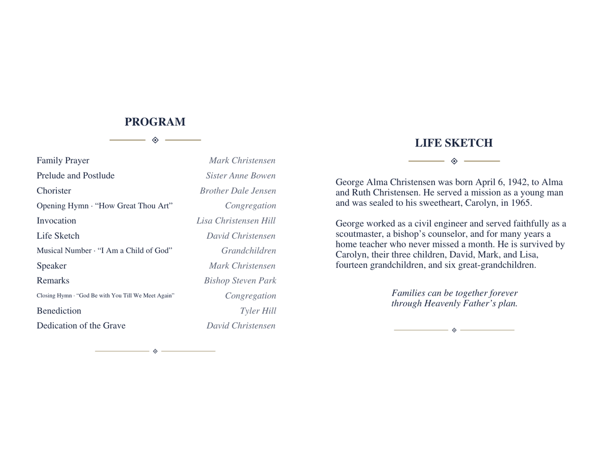 Inside of an LDS funeral program: the left panel lists family prayer, chorister, opening hymn, invocation, life sketch, musical number, speakers, closing hymn, benediction and dedication of the grave with names; the right panel holds the life sketch