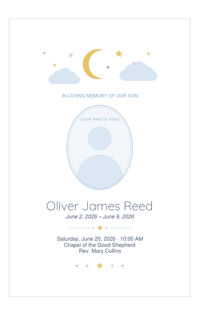 Bifold funeral program cover with a gold crescent moon with pastel stars and two soft clouds above an oval photo frame