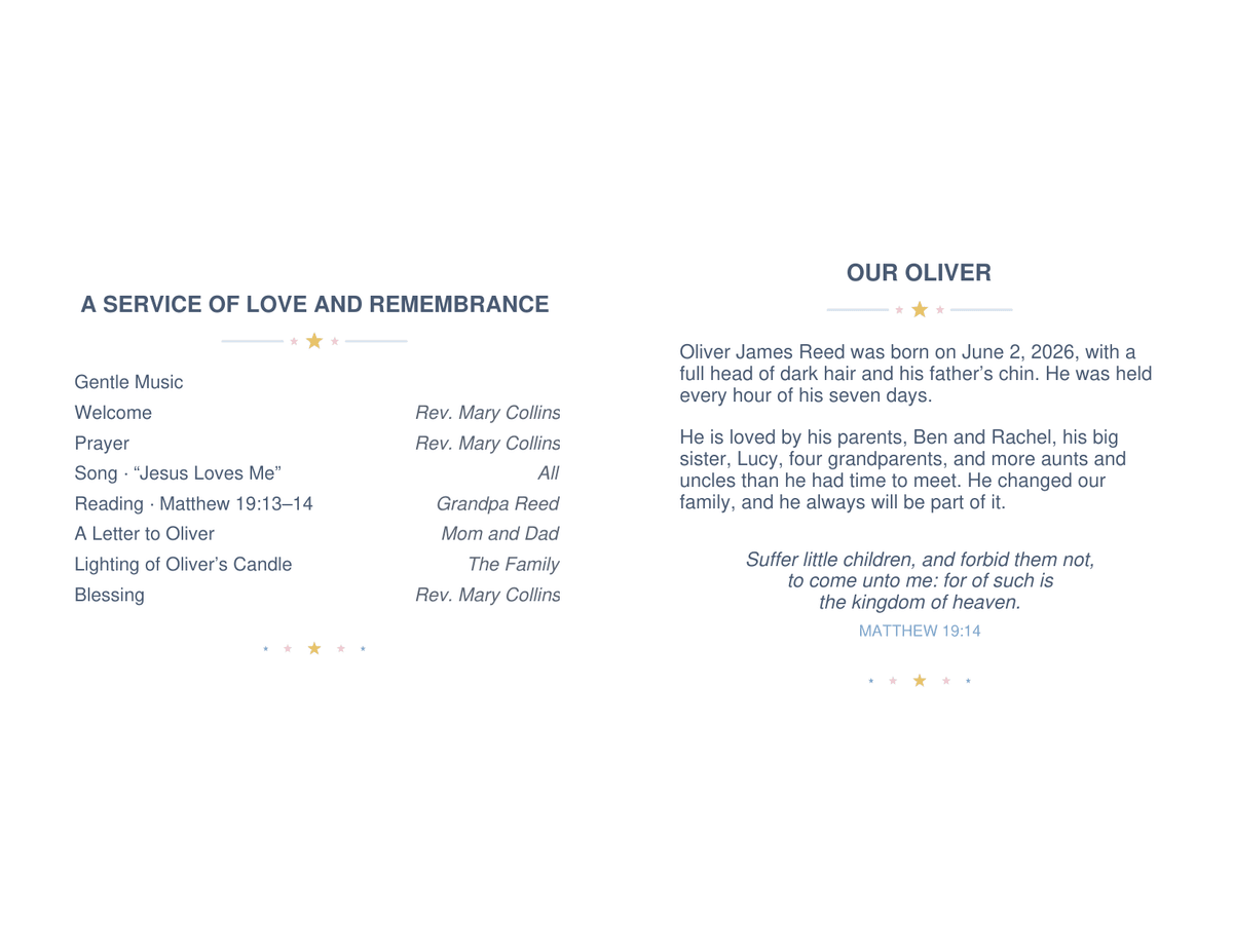 Inside of a baby funeral program: an eight-line service with a song, a reading from Matthew 19, a letter from Mom and Dad and the lighting of a candle, beside a short piece titled Our Oliver and a verse, each ending in a row of pastel stars