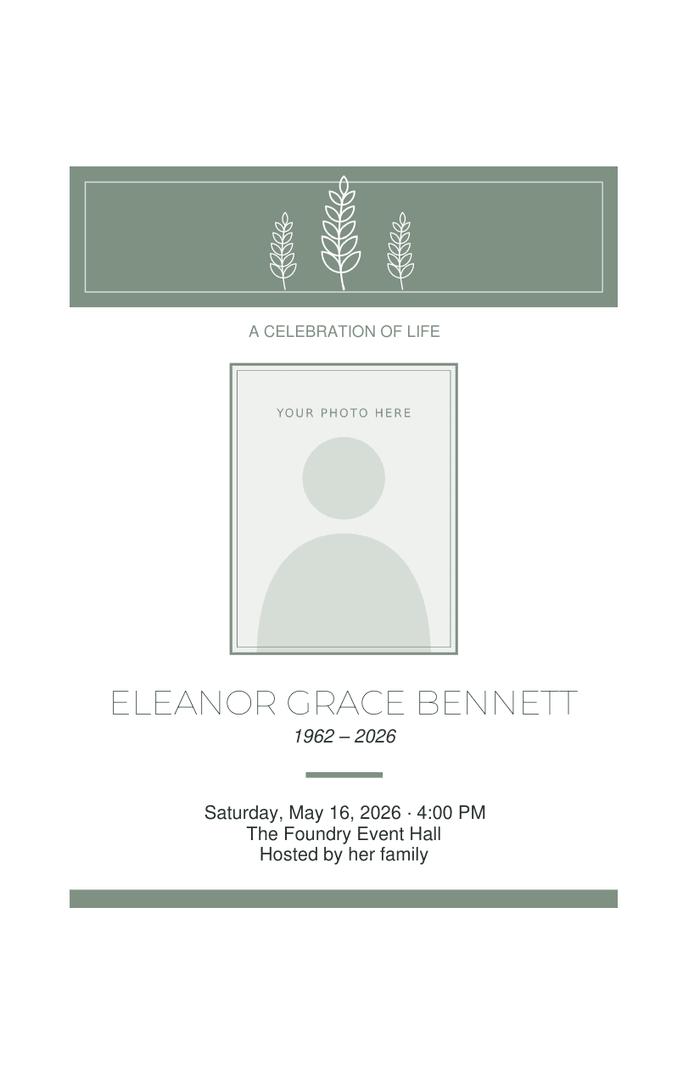 Bifold funeral program cover with a sage green band holding three white line-drawn stems, a square photo frame, and the name in thin capitals