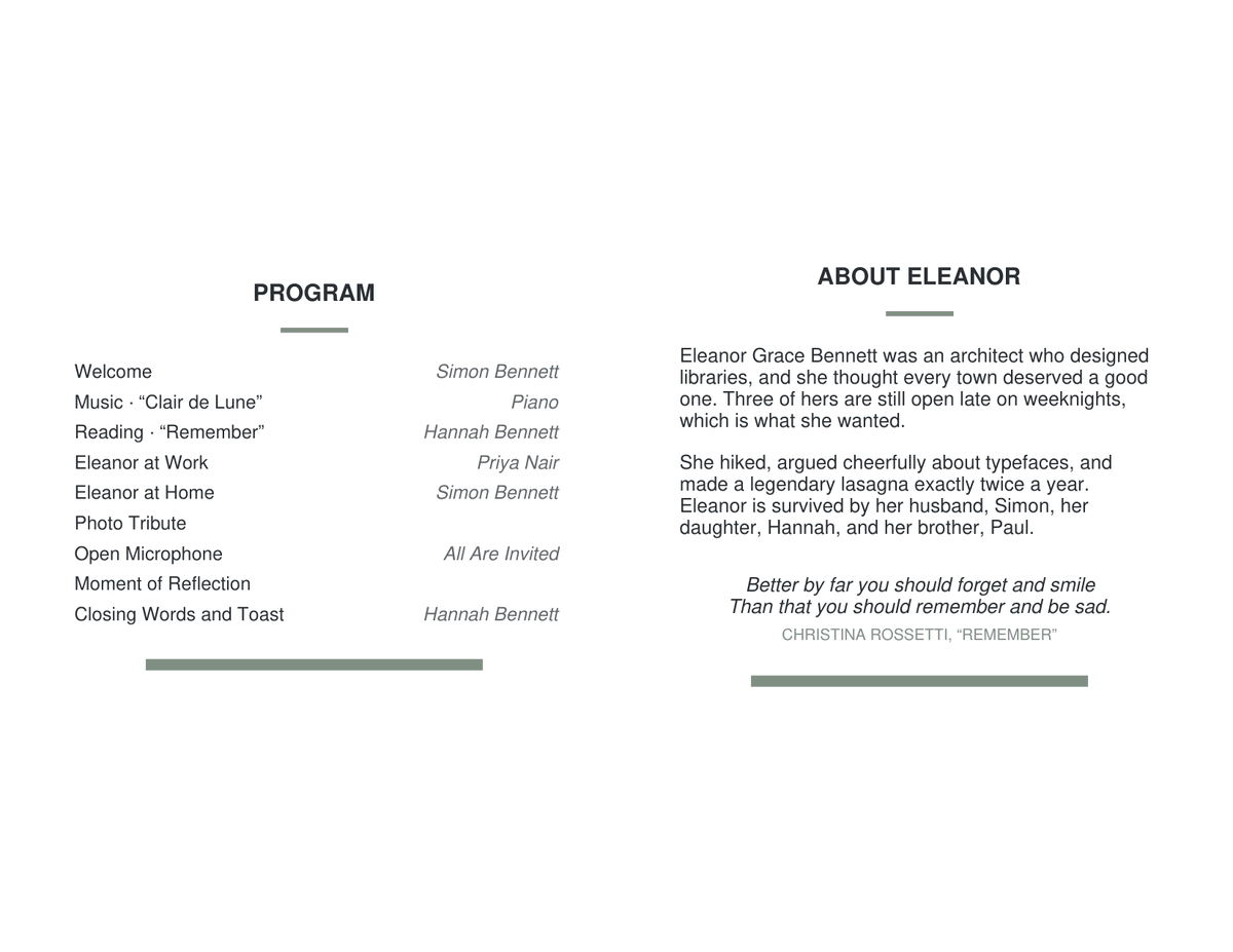 Sample funeral program inside for Eleanor Grace Bennett: a nine-line program with a piano piece, a poem, an open microphone and a toast, and a short piece titled About Eleanor, followed by two lines of Christina Rossetti