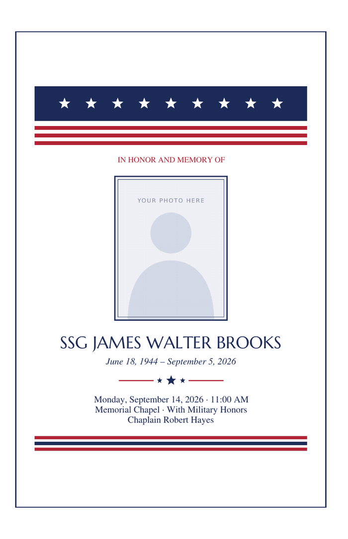 Bifold funeral program cover with a navy band of nine white stars over red stripes, a navy photo frame, and red, white and blue rules at the foot