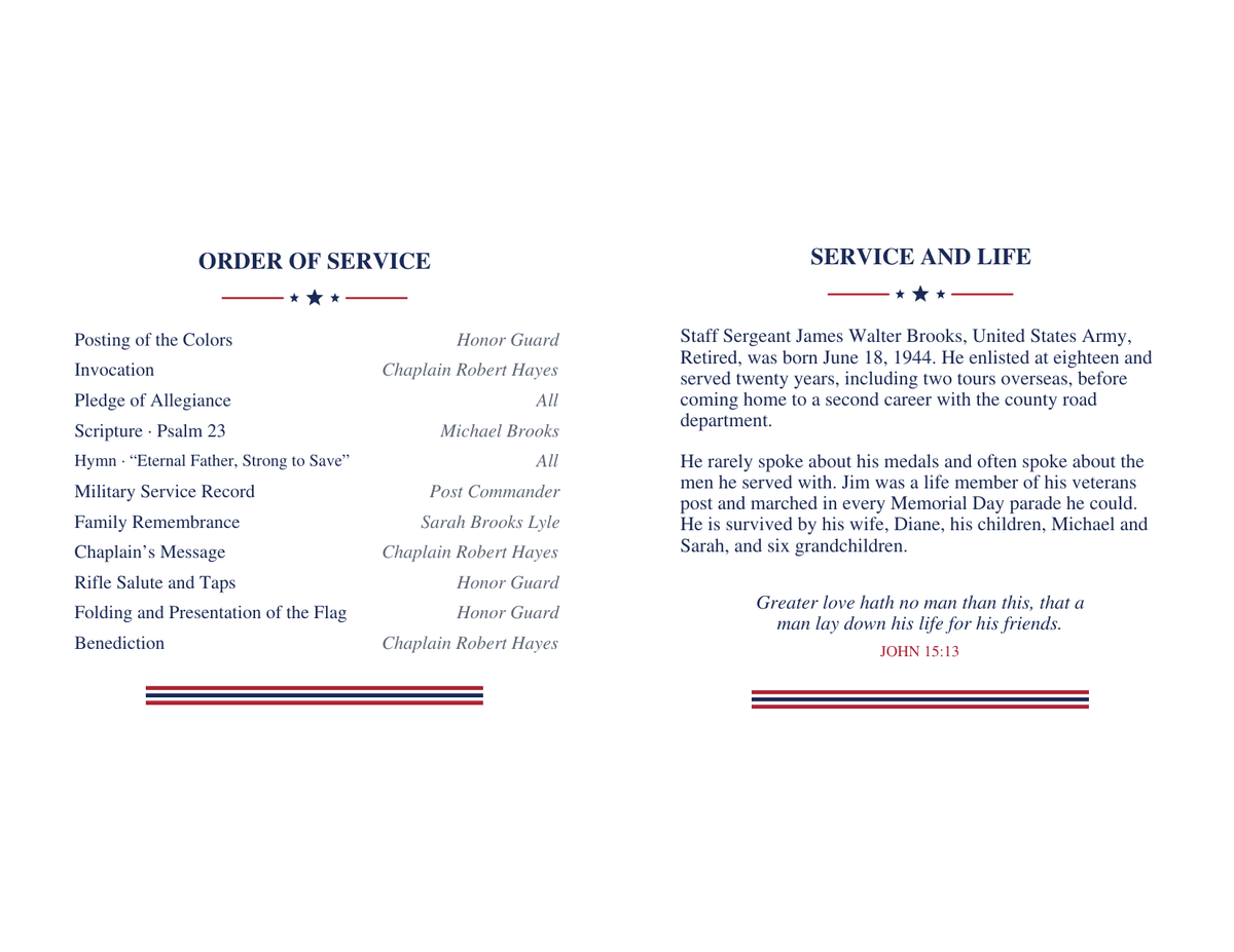Inside of a military funeral program: an order of service from posting of the colors through the pledge, scripture, service record, rifle salute and Taps to the folding and presentation of the flag, beside a service-and-life biography and John 15:13