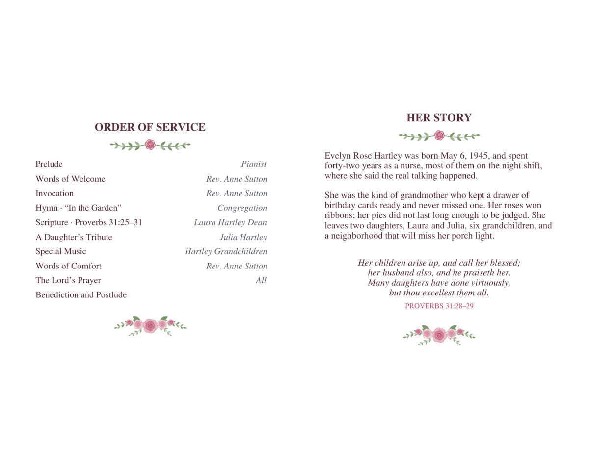 Sample funeral program inside for Evelyn Rose Hartley: a ten-line church order of service with a daughter’s tribute, and an obituary titled Her Story about a night-shift nurse, followed by Proverbs 31:28–29