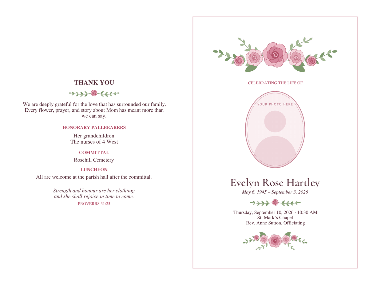 Outside of a bifold funeral program laid flat: thank-you message, honorary pallbearers and committal details on the back panel, rose-topped cover with an oval photo frame on the front