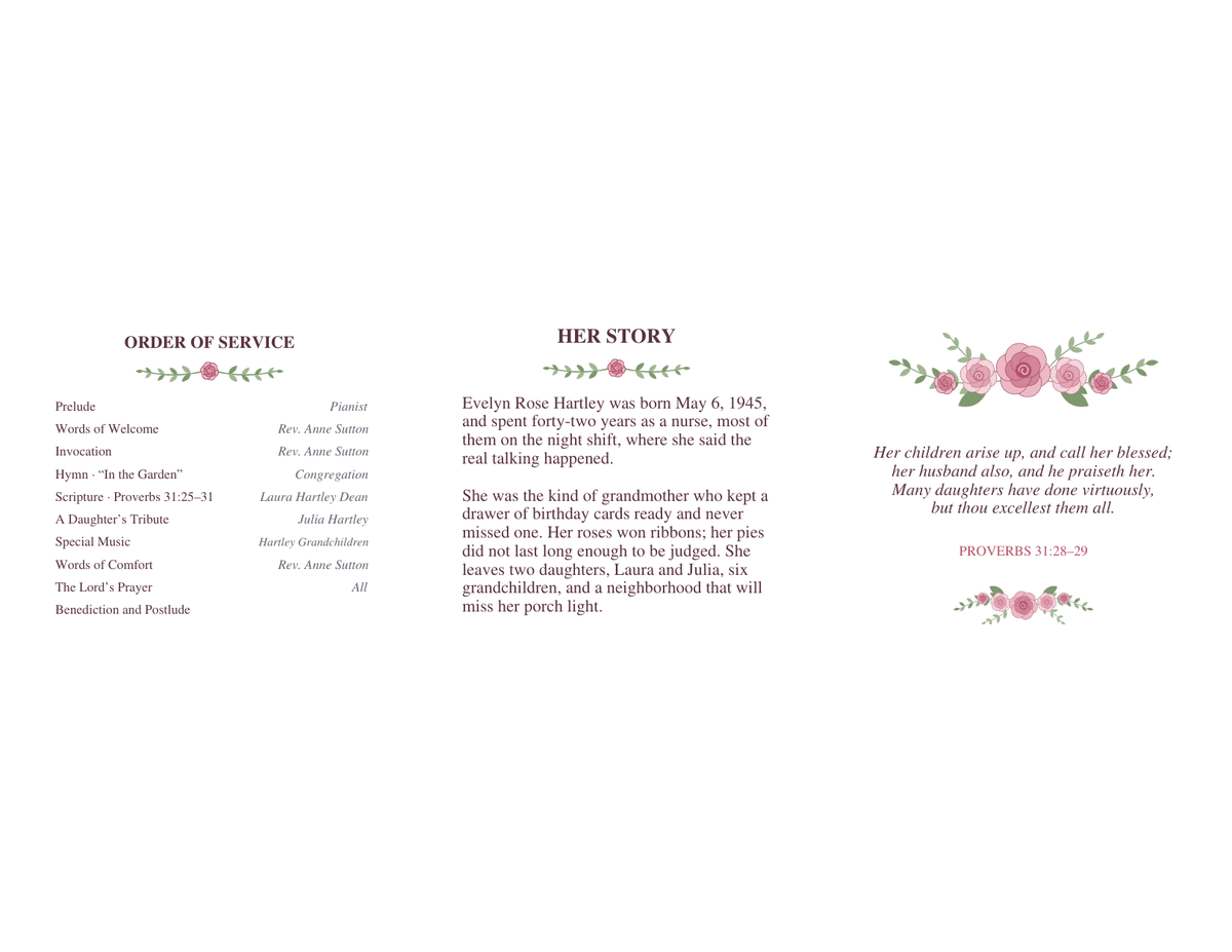 Trifold funeral program inside, flat: order of service on the left panel, a two-paragraph life story in the middle, and a Proverbs verse between rose ornaments on the right panel