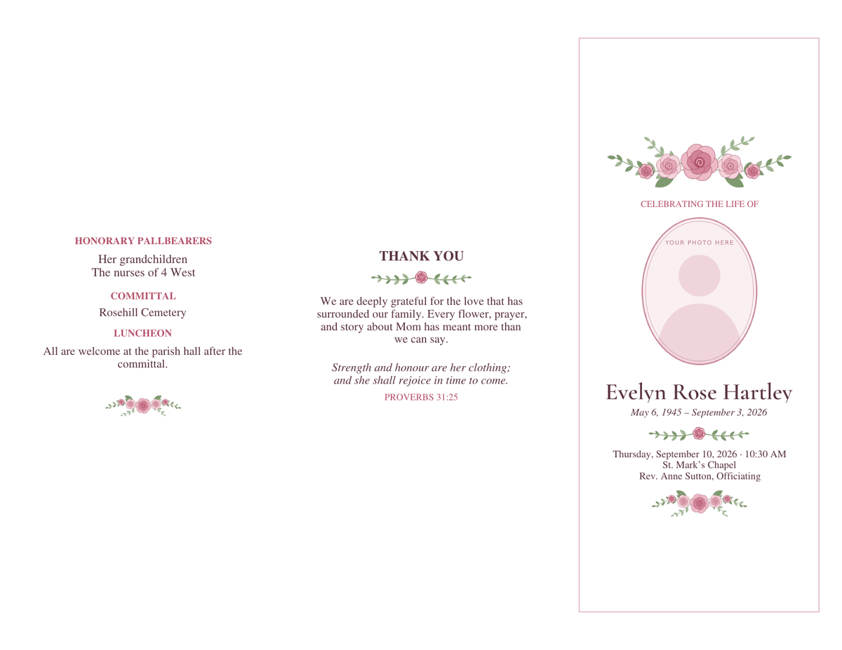 Trifold funeral program outside, flat: honorary pallbearers and luncheon details on the left flap, a thank-you message in the middle, and a rose-topped cover with an oval photo frame on the right panel