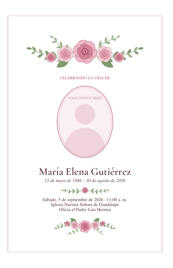 Bifold funeral program cover with a spray of pink roses above an oval photo frame with the heading Celebrando la Vida de and all wording in Spanish