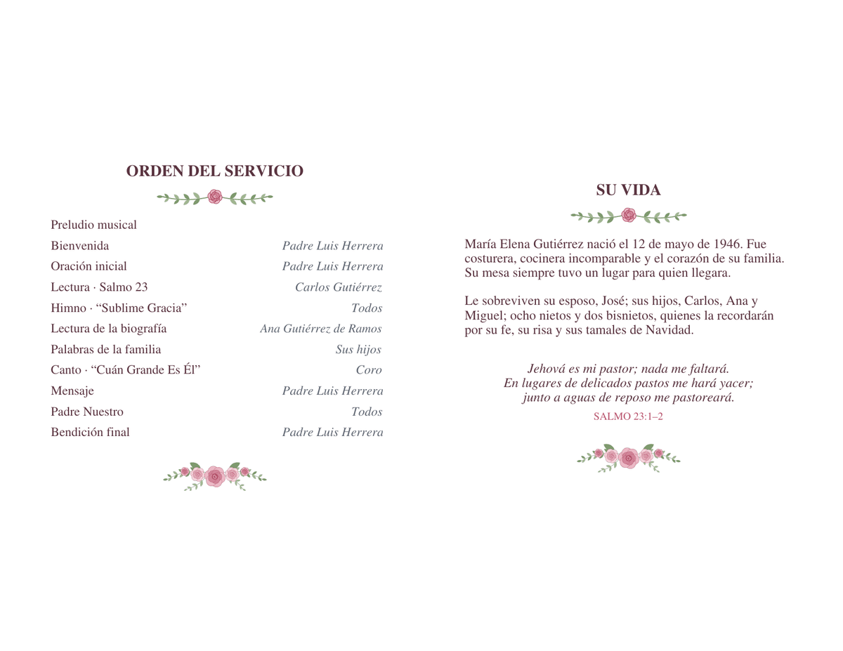 Inside of a Spanish funeral program: Orden del Servicio with eleven lines from preludio musical to bendición final on the left, and Su Vida with a two-paragraph biography and Salmo 23 on the right