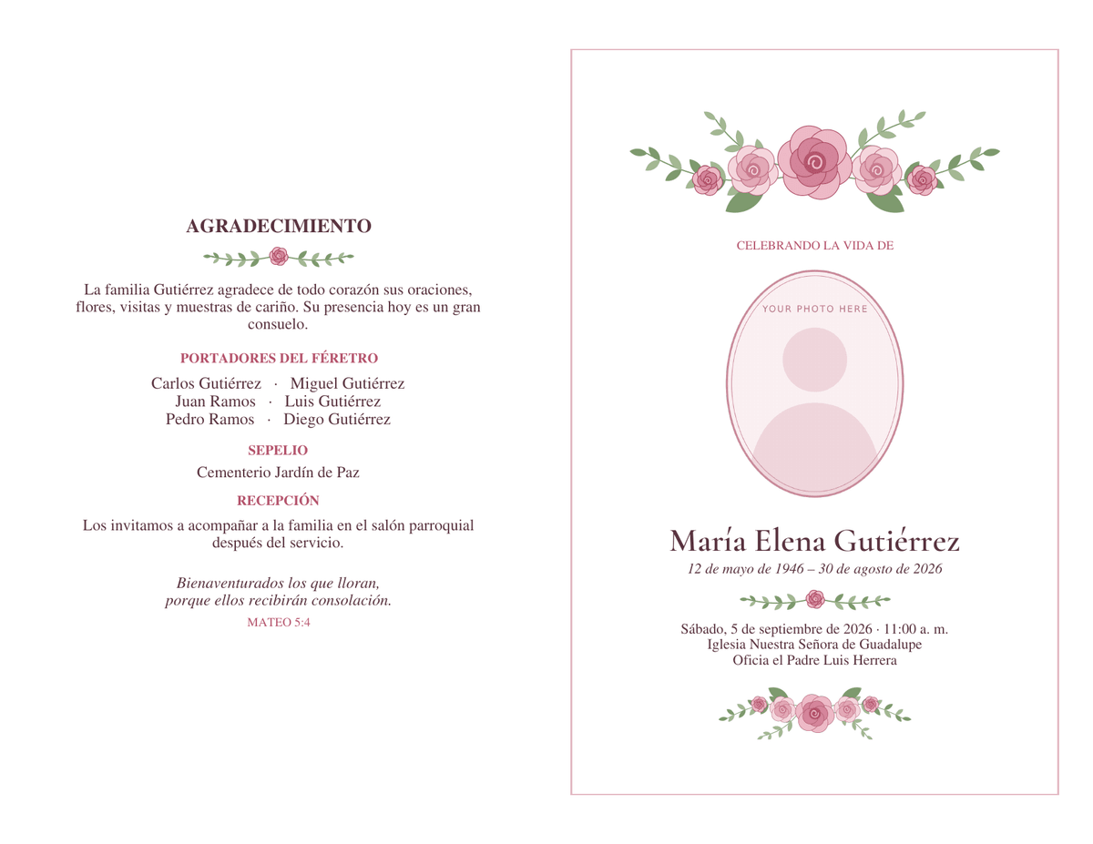 Outside of a Spanish funeral program: Agradecimiento, portadores del féretro, sepelio and recepción on the back panel, and a rose cover headed Celebrando la Vida de with an oval photo frame