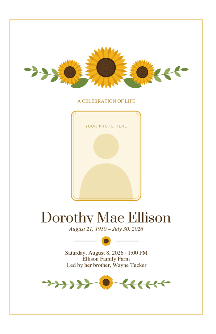 Bifold funeral program cover with three sunflowers with leaves across the top, a rounded photo frame, and a single sunflower between two leafy stems at the foot