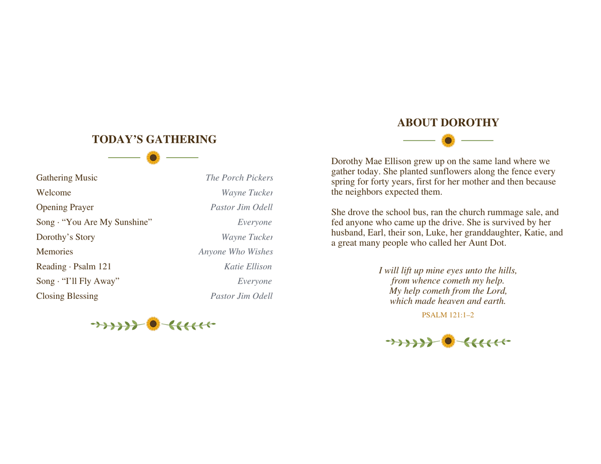Bifold funeral program printed flat, side two: a nine-line order of the gathering on the left half and a life story with Psalm 121 on the right half, each ending with a sunflower ornament