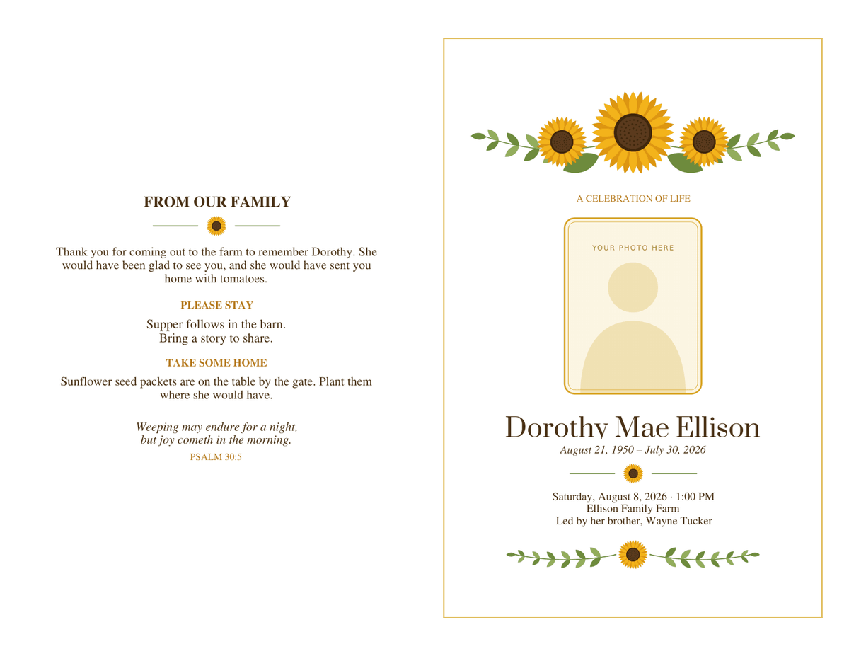 Bifold funeral program printed flat, side one: a family thank-you and reception details on the left half and a sunflower cover with a rounded photo frame on the right half