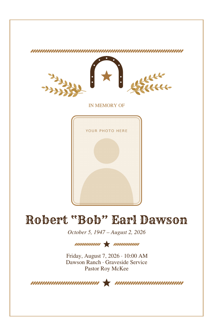 Bifold funeral program cover with a horseshoe with a star between wheat stalks under a rope line, a rounded photo frame, and the name in a slab western face