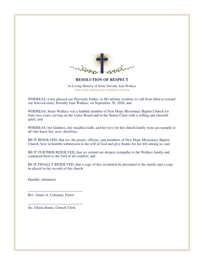 One-page church funeral resolution headed Resolution of Respect under a navy cross, with Whereas and Be It Resolved paragraphs and two signature lines for the pastor and church clerk