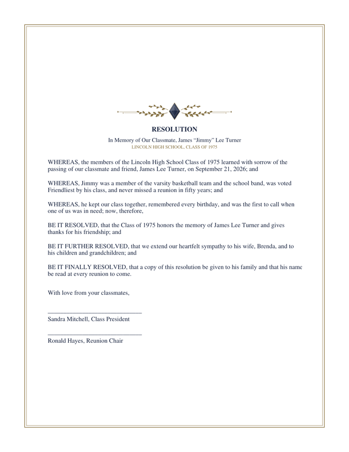 One-page funeral resolution for a classmate under a gold laurel sprig, from a high school class of 1975, with Whereas and Resolved paragraphs and signature lines for the class president and reunion chair