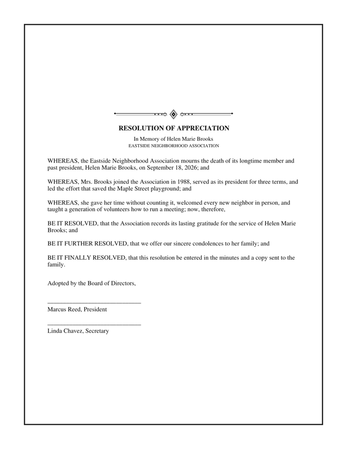 One-page resolution of appreciation in black and white from a neighborhood association, with Whereas and Resolved paragraphs and signature lines for the president and secretary