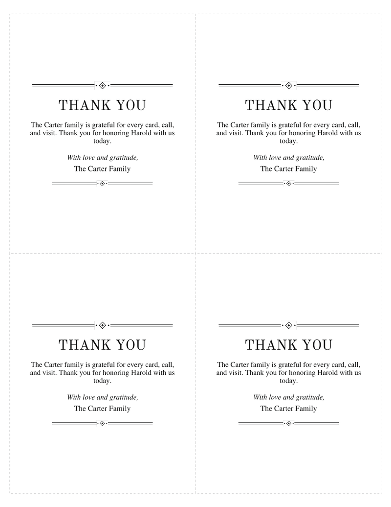 Sheet of four funeral thank-you cards with cut lines, each with black double rules and a diamond ornament, the words Thank You, a short message and a family signature line