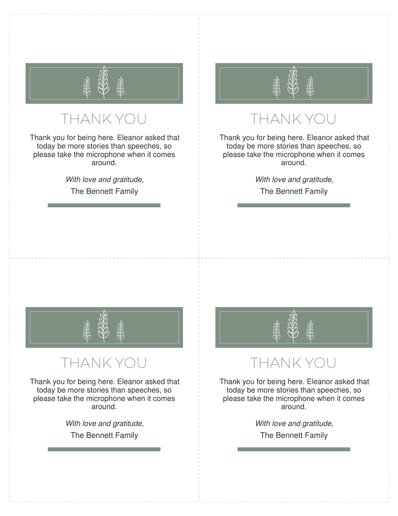 Sheet of four funeral thank-you cards with cut lines, each with a sage green band of line-drawn stems, the words Thank You, a short message and a family signature line