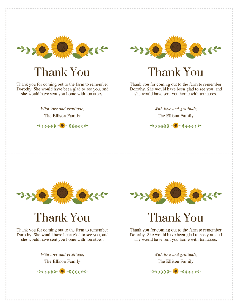 Sheet of four funeral thank-you cards with cut lines, each with three sunflowers, the words Thank You, a short message and a family signature line