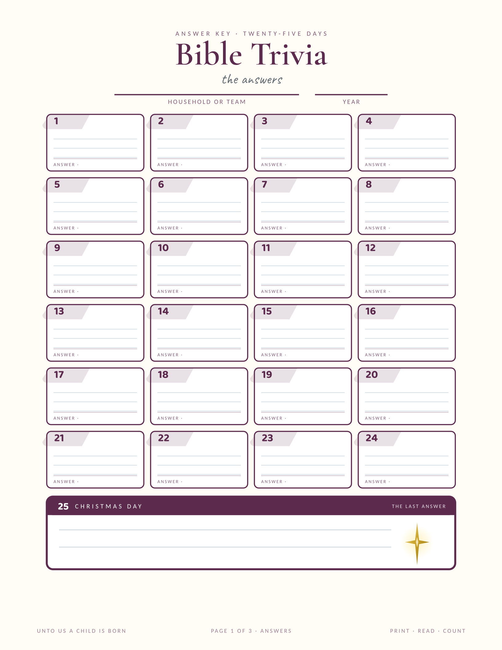 Christmas Bible Trivia — printable Bible verse Christmas countdown