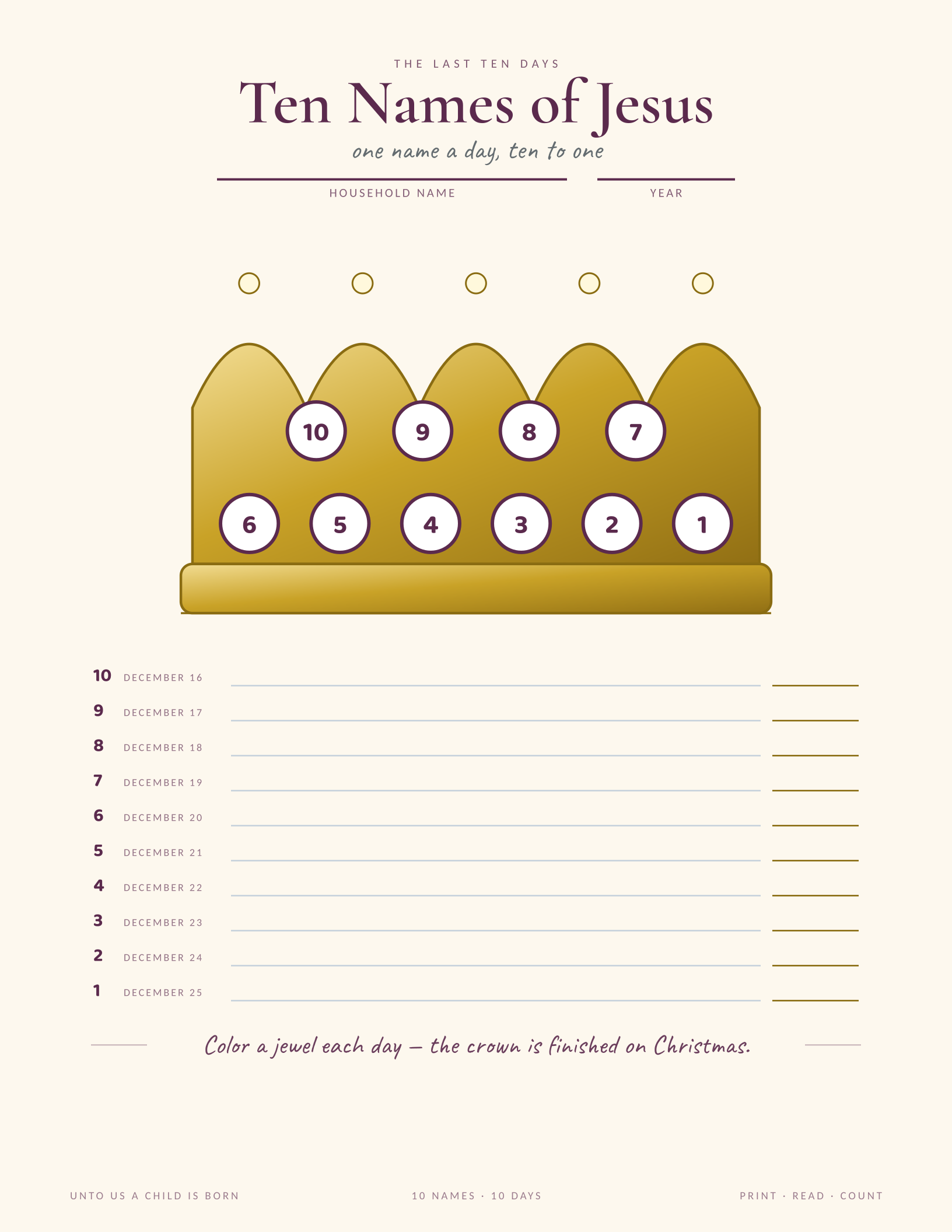 Ten Names of Jesus — printable Bible verse Christmas countdown