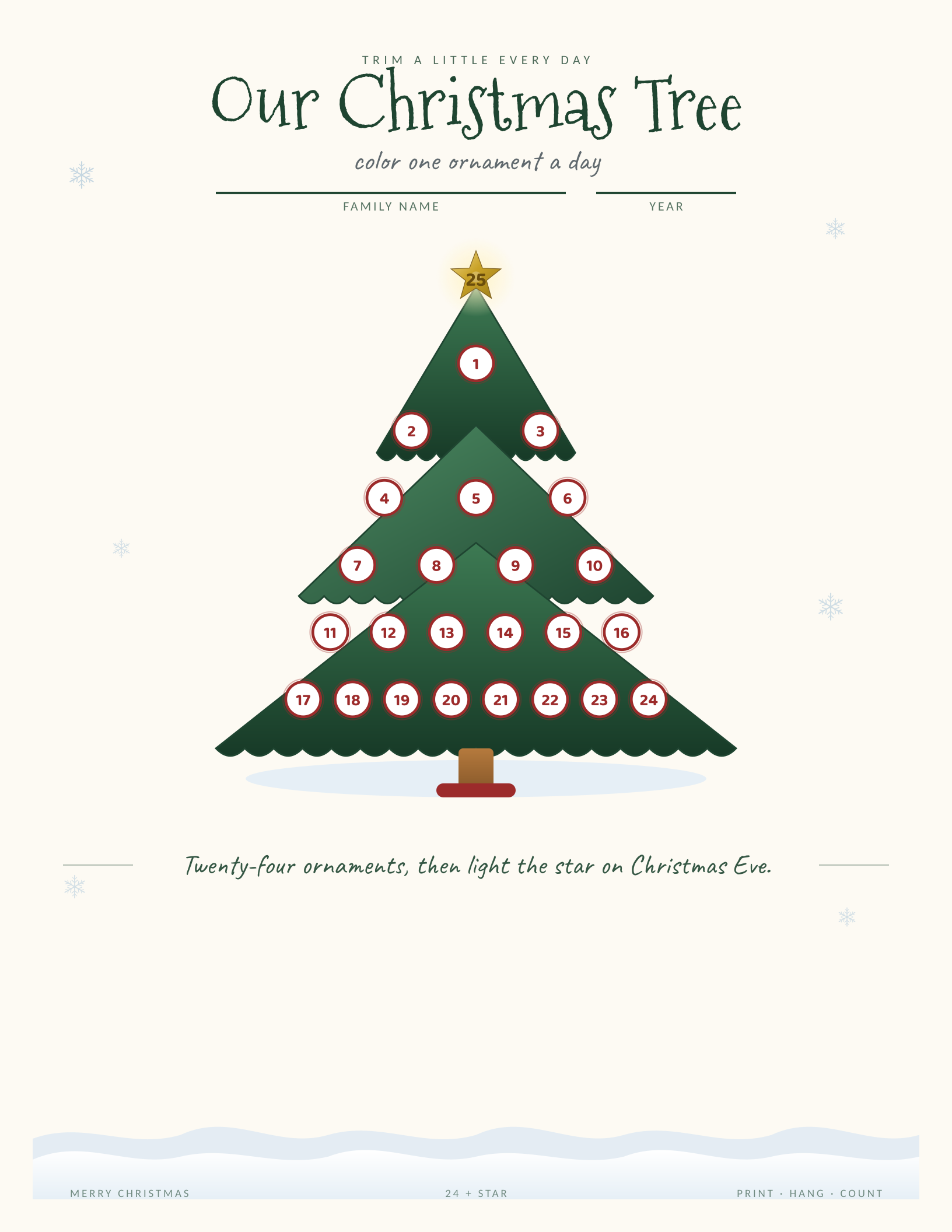Color the Tree Countdown Chart — printable Christmas countdown chart