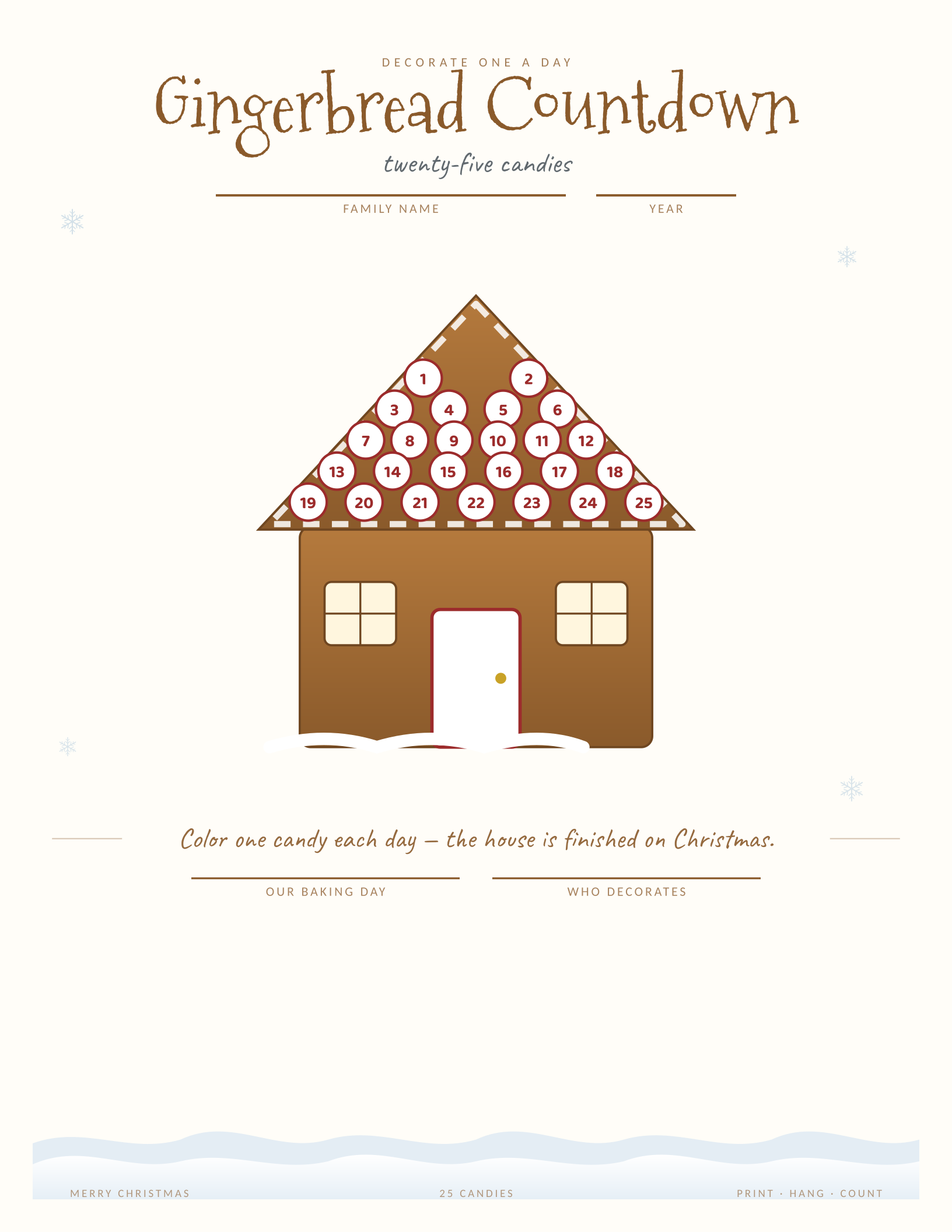 Gingerbread House Countdown — printable Christmas countdown chart