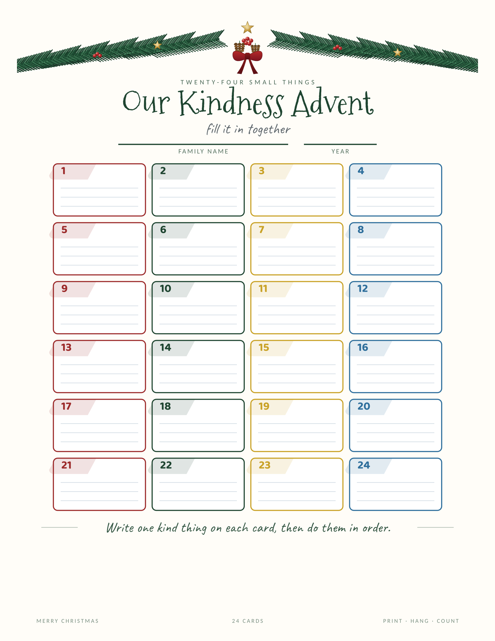 Kindness Advent Countdown Activities — printable Christmas countdown chart