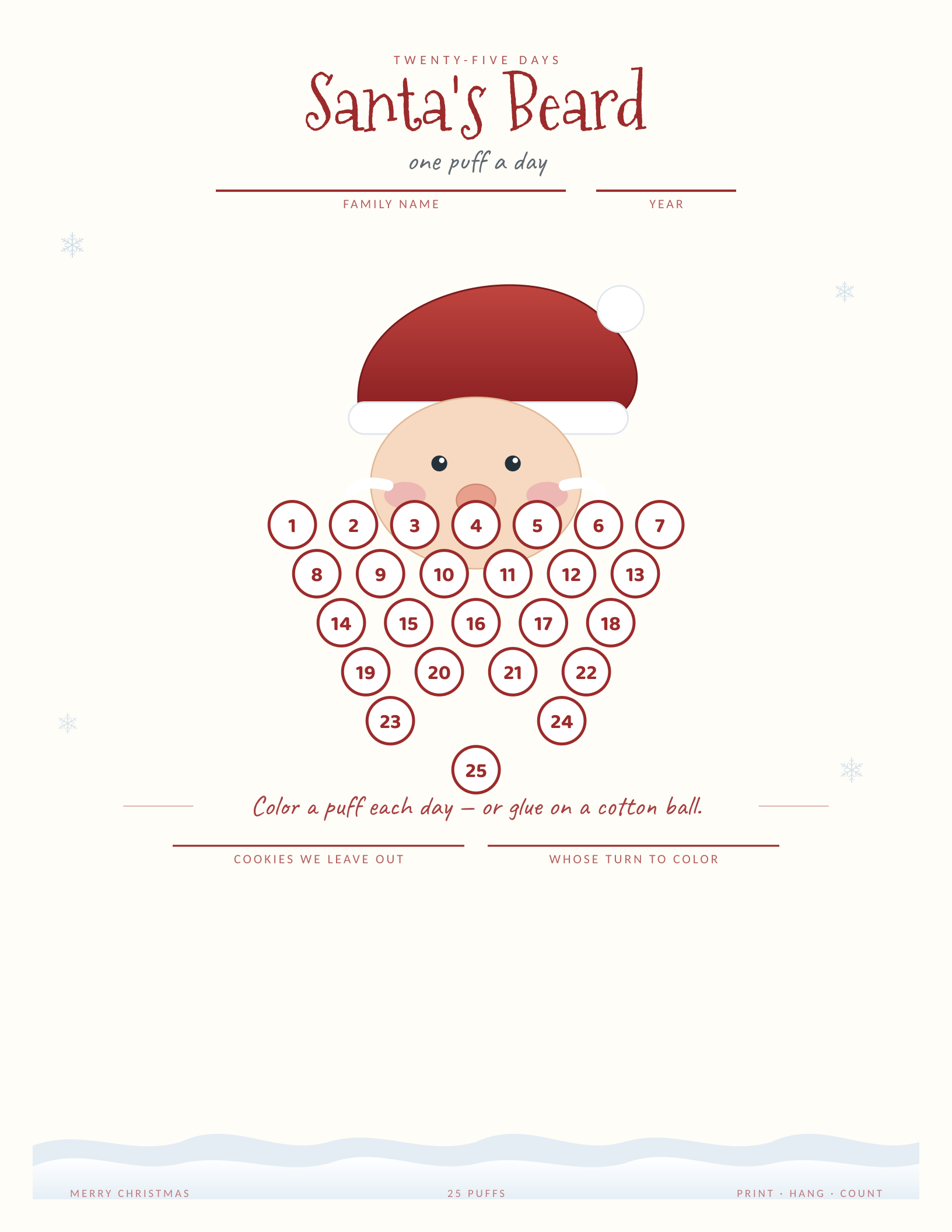 Santa Beard Countdown Craft — printable Christmas countdown chart