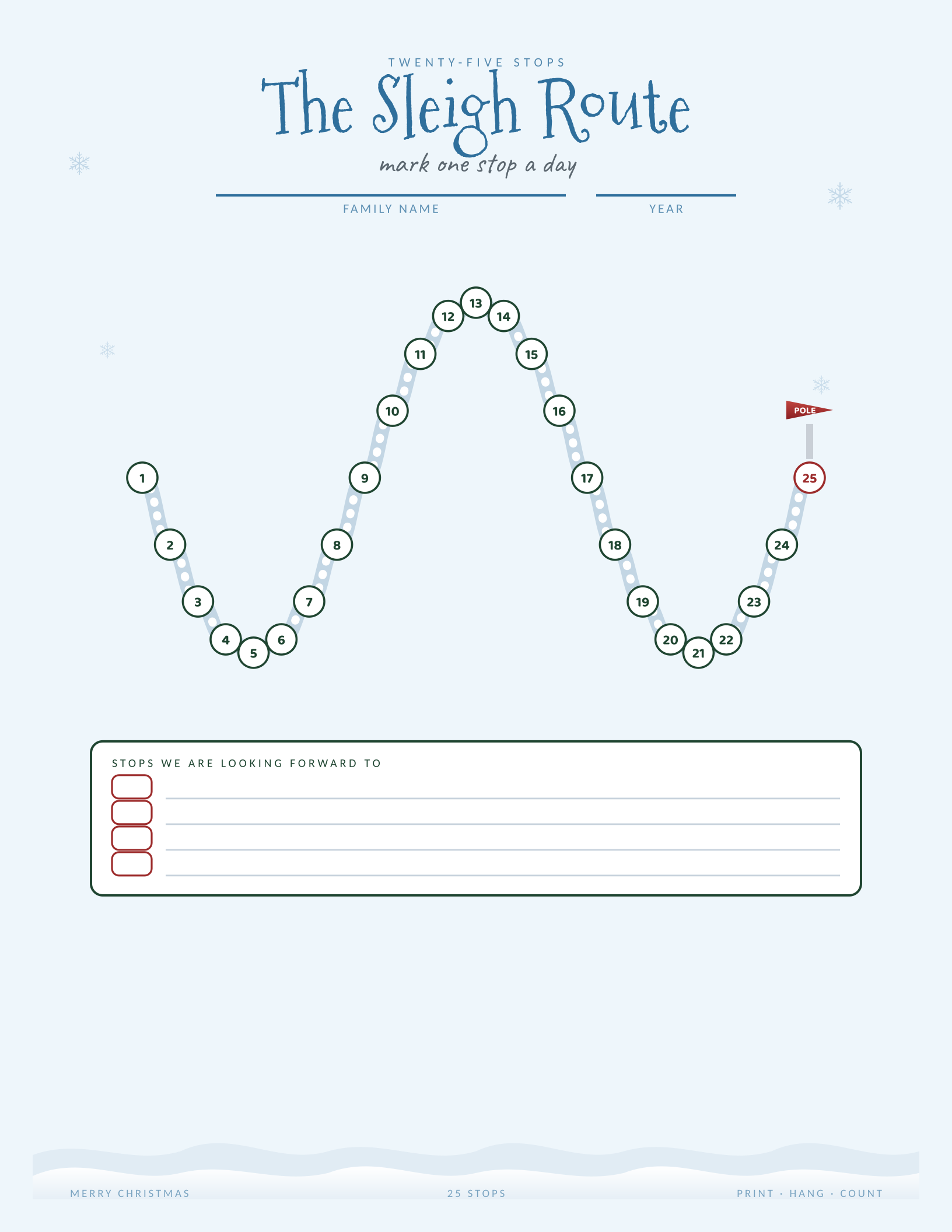 Sleigh Route Countdown Worksheet — printable Christmas countdown chart