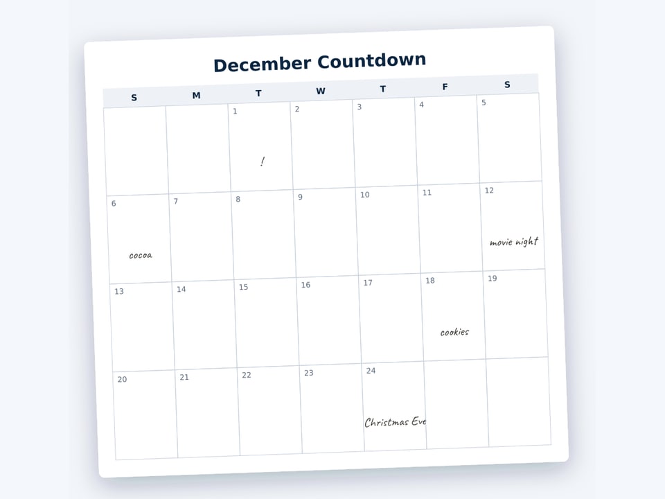 December countdown calendar with handwritten plans in the squares
