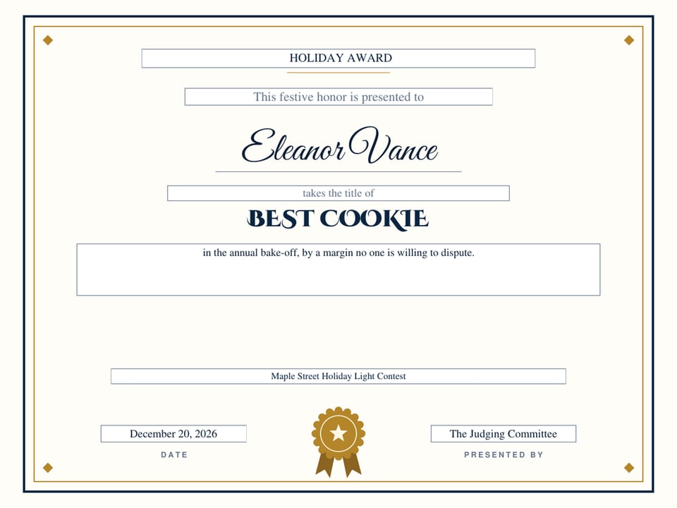 Christmas holiday award certificate for Best Cookie