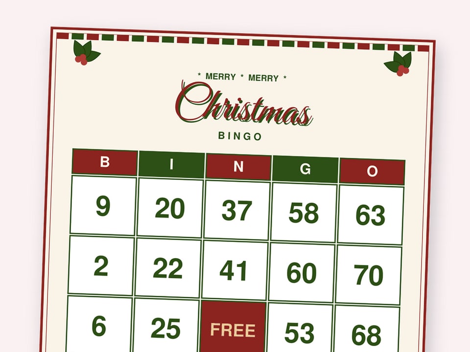 Christmas number bingo card in cream and red plaid with 1-75 numbers