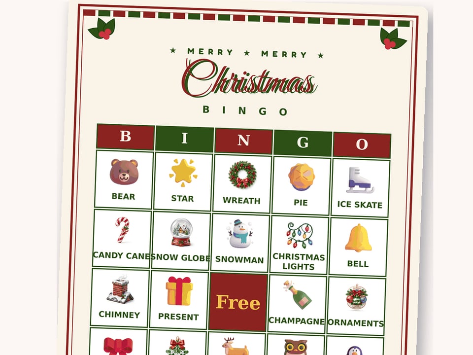 Christmas bingo card with holiday picture squares