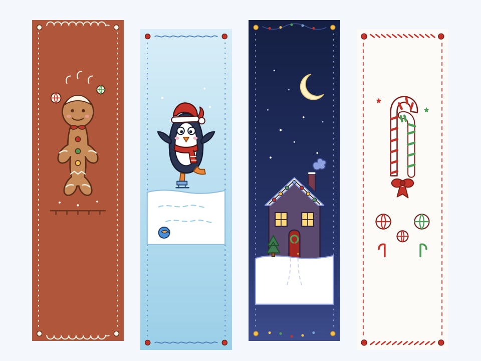 Four illustrated Christmas bookmarks side by side