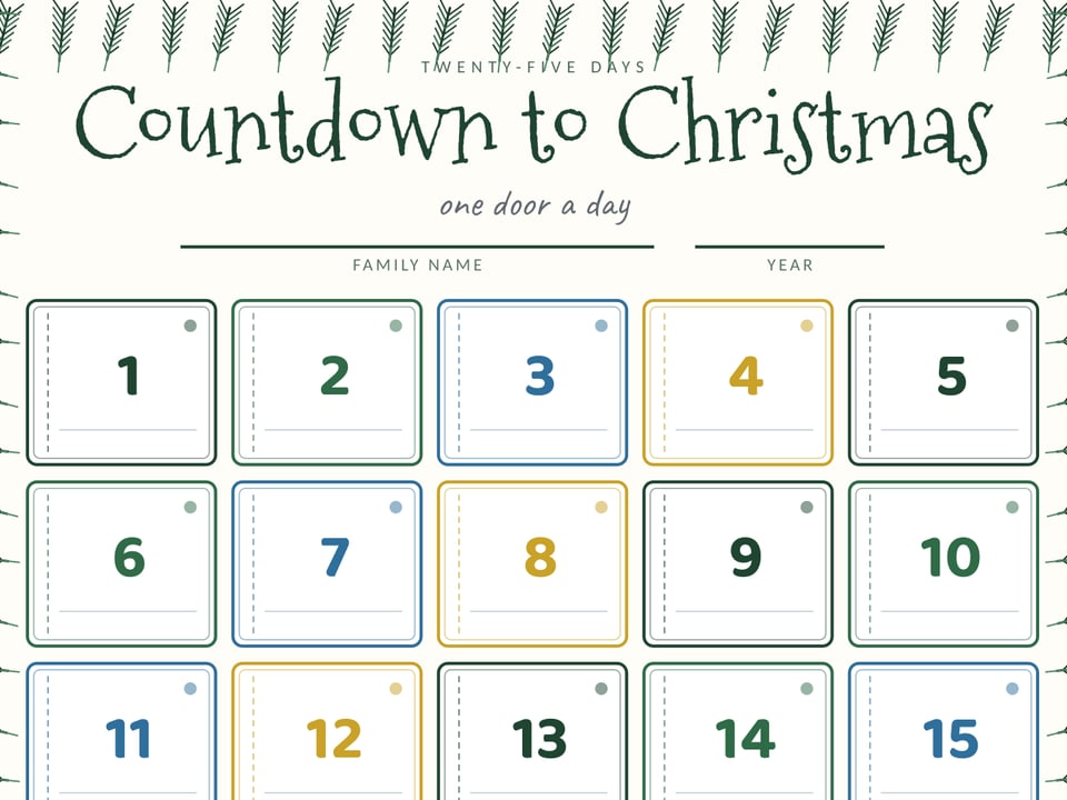 Printable advent calendar countdown with 25 numbered doors