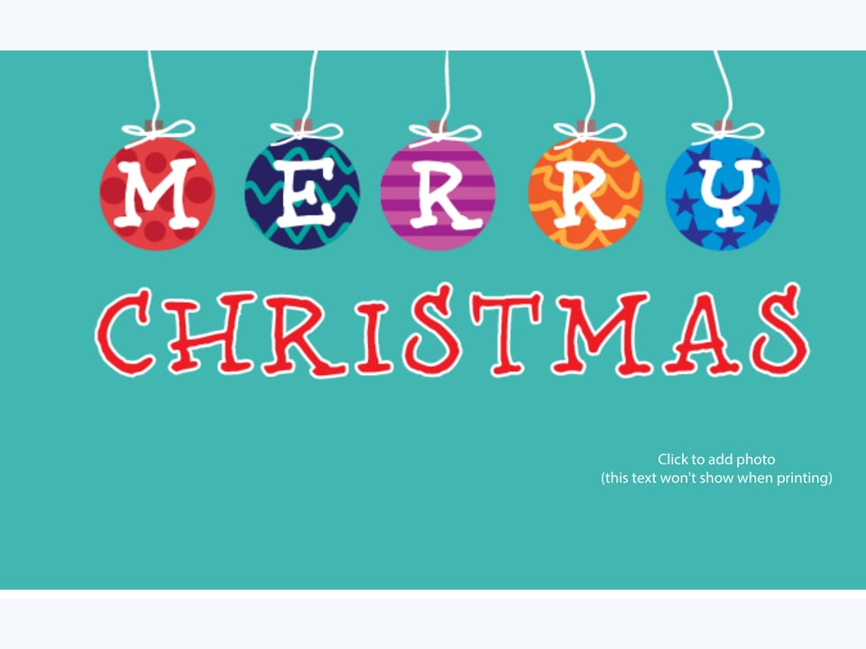 Merry Christmas card with hanging baubles on a teal ground