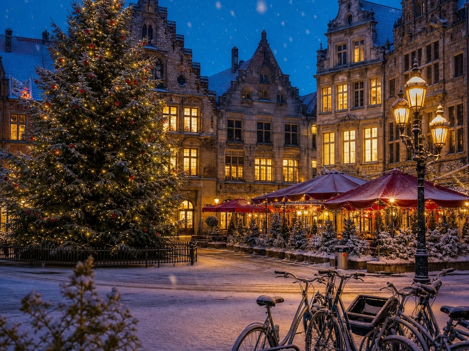Snowy Christmas town square with a lit tree, as a jigsaw puzzle