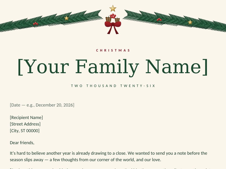 Christmas letterhead with an evergreen swag masthead