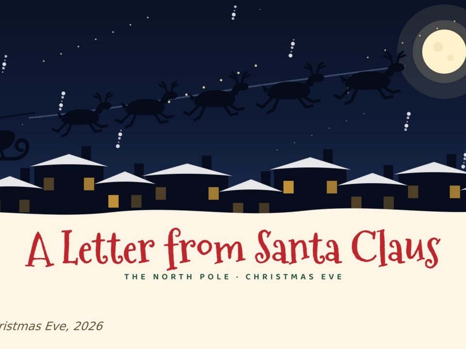 Santa's sleigh and reindeer flying over snowy rooftops