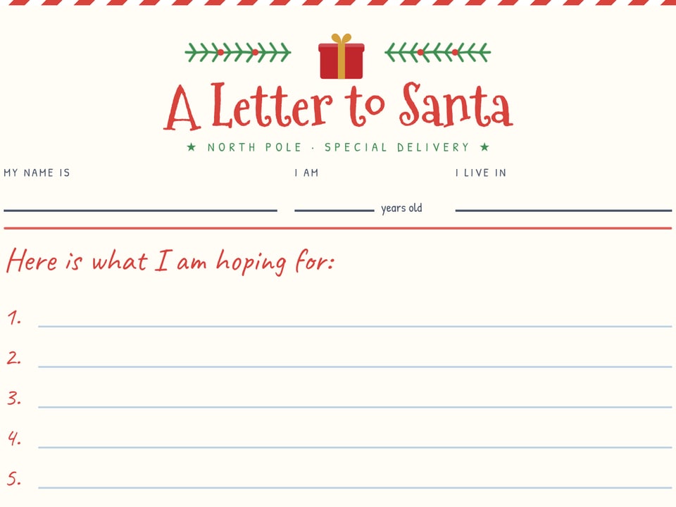 Printable letter to Santa sheet with a numbered wish list