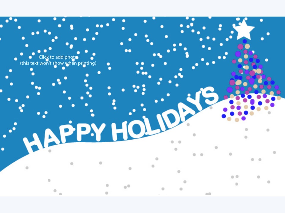 Happy Holidays photo card with a snowy hill and a lit tree