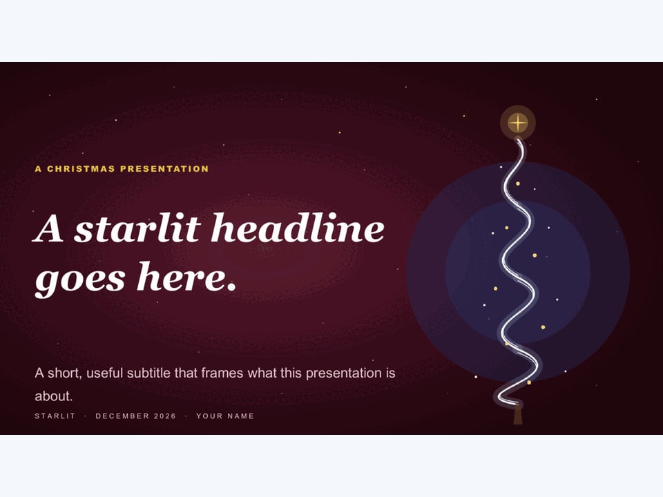 Christmas presentation title slide with a starlit tree on cranberry