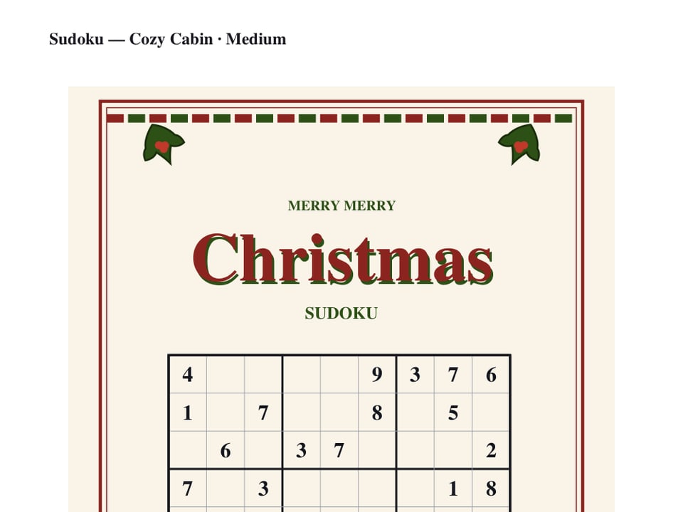Christmas sudoku puzzle page with a Cozy Cabin heading
