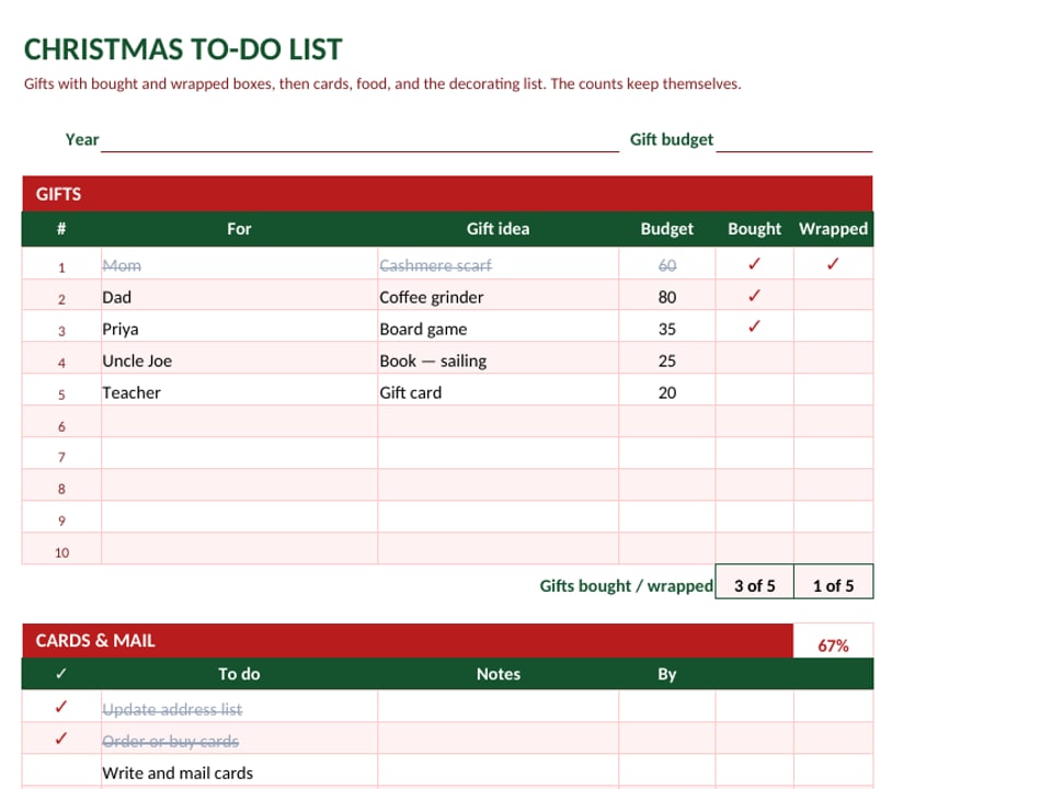 Christmas to-do list with a gift tracker and cards checklist
