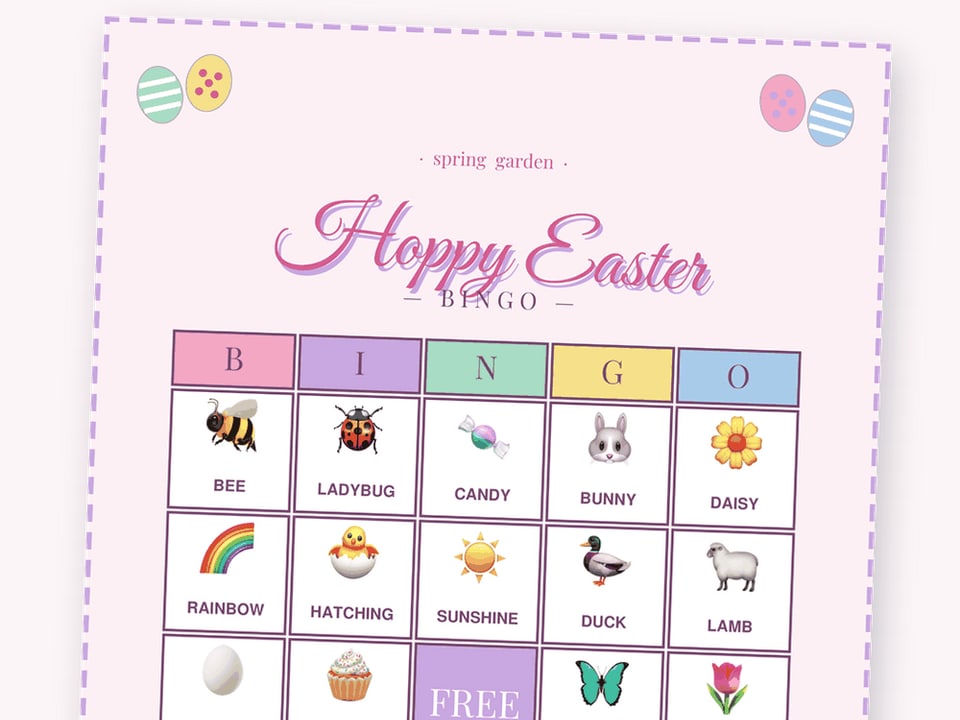 Pastel Garden Easter emoji bingo card with egg, chick and bunny picture cells