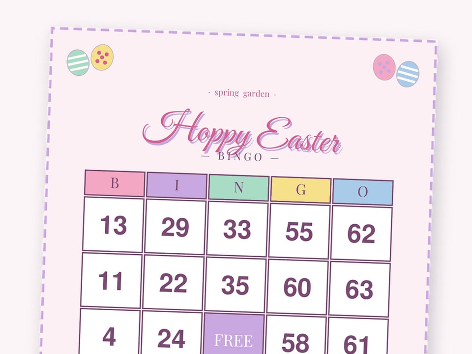 Pastel Garden Easter number bingo card with 1-75 numbers